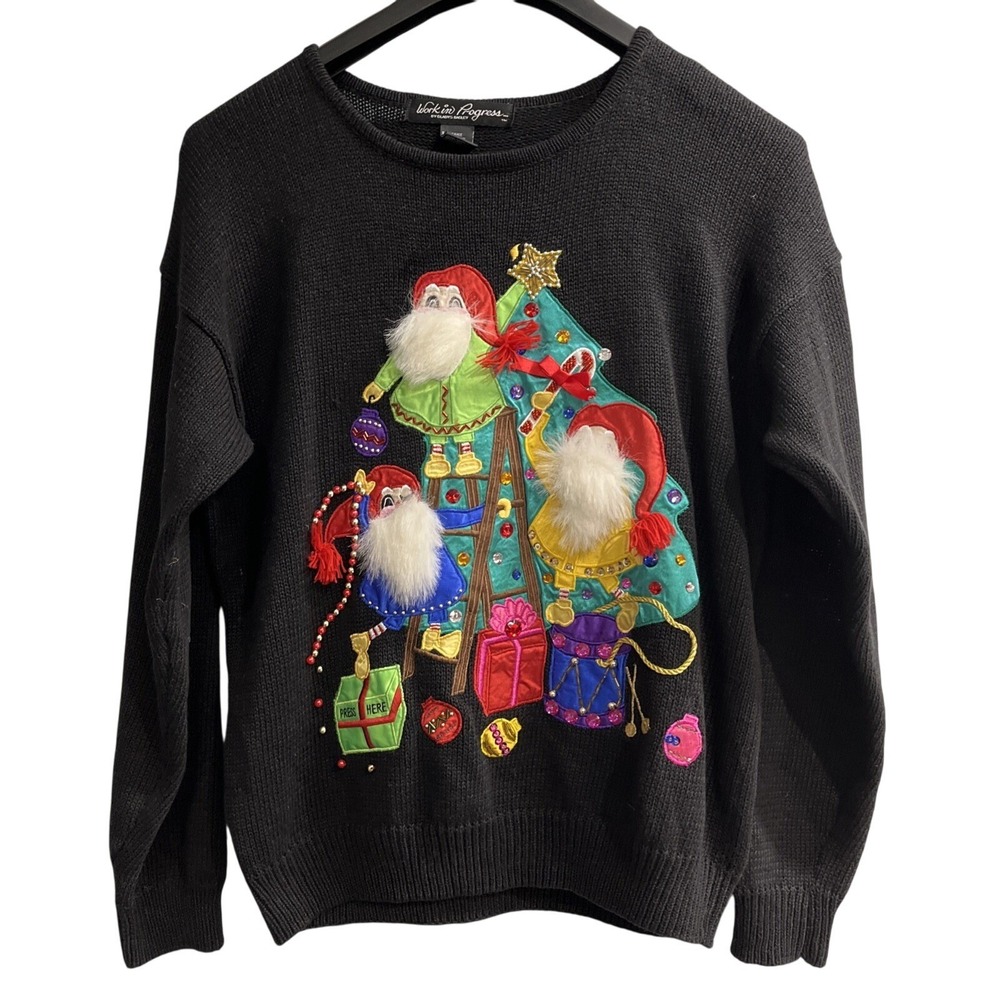 Vintage‎ Work In Progress Ugly Christmas Sweater Womens M Elves Beaded  Holiday